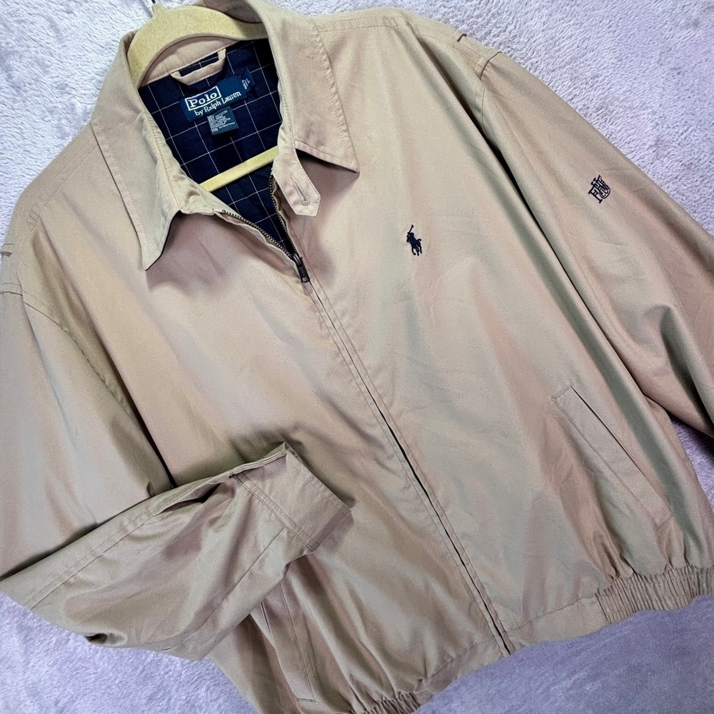 Polo Ralph Lauren Mens Harrington Jacket Sz L Tan Plaid Lined Full Zip Pony Logo